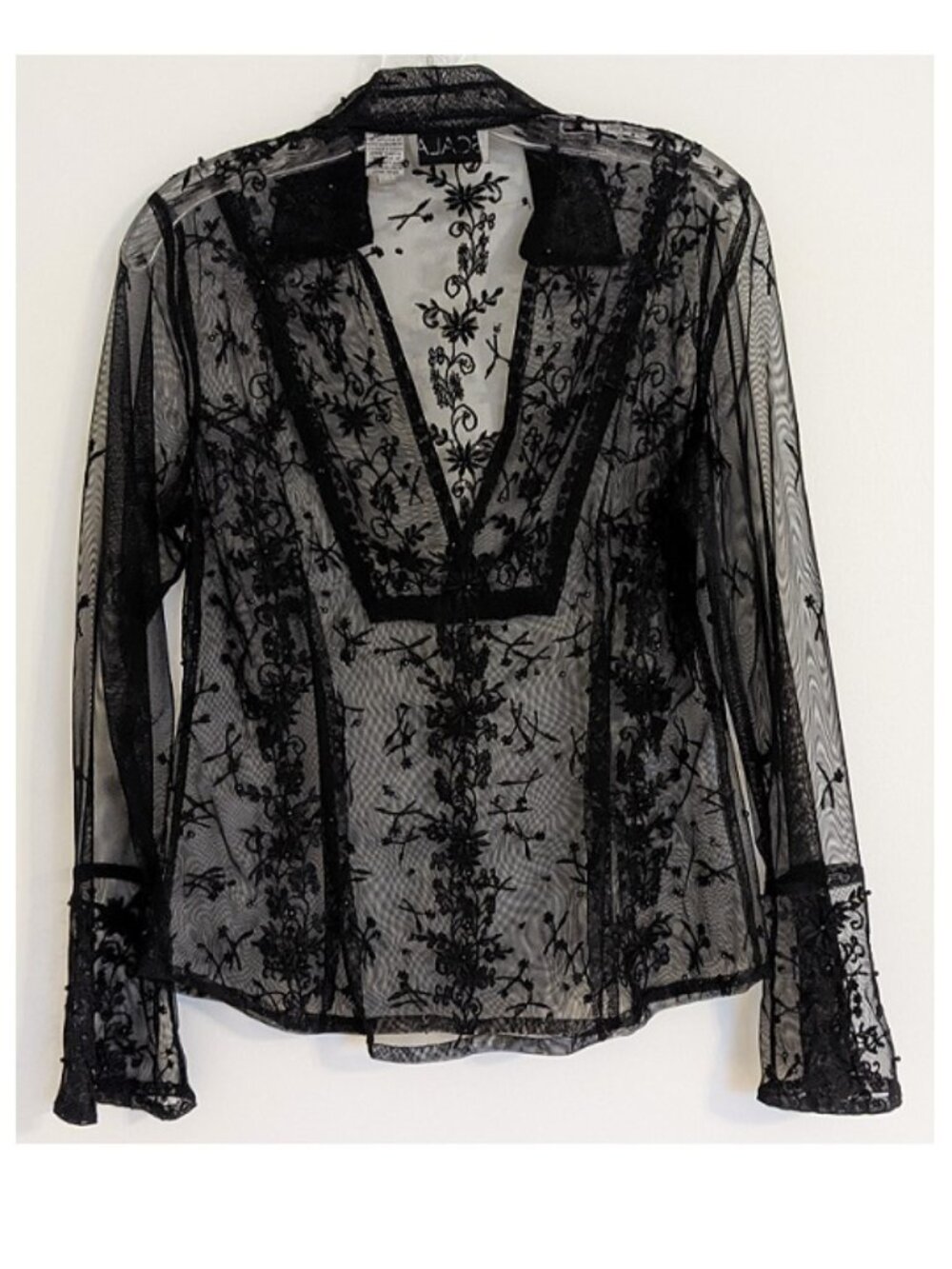 Vintage Scala Sheer Black Beaded Long Sleeve V-Neck Blouse, Elegant Sexy, size S - Picture 5 of 7